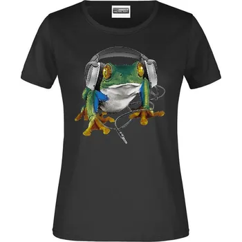 damske-levne-bavlnene-tricko-digitalni-potisk-DJ-zaba-sluchatka Velikost dámská trička Basic: 3XL šířka 62, délka 70 jen černé, Odstín dámské tričko Basic: Černé