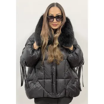 Dámský kabát Dámská zimní bunda s pravou liščí kožešinou Barva: Černá, Velikost: S