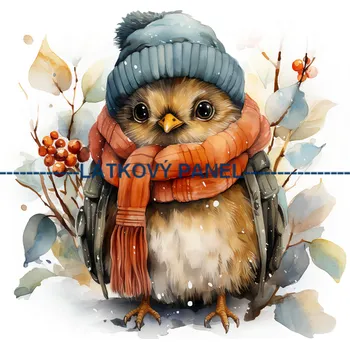 Látkový panel - Ptáček v zimě - ZIM-197 Velikost: 25x25cm, Materiál: Mikroplyš