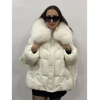 Dámský kabát Dámská zimní bunda s pravou liščí kožešinou Barva: Bílá, Velikost: S