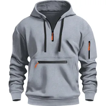 Pánský svetr Pánský svetr s kapucí a výstřihem na zip do V Jednobarevná mikina s kapsou na břiše Extra zapínací kapsička Kapsa na ruce Polyester světle šedá L