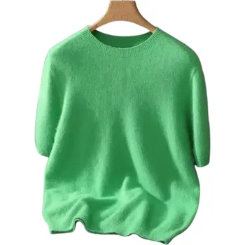 Pánský svetr Pánský svetr z kašmíru s krátkým rukávem a výstřihem do O Plyšový jednobarevný svetr Elegantní letní módní oblečení Různé barvy zelená XL
