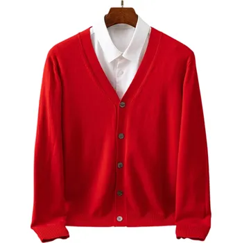 Pánský svetr Pánský kardigan na rozepínání s výstřihem do V Dlouhý rukáv Jednobarevný pletený svetr Elegantní volnočasová móda Nylon Polyester Různé barvy červená L