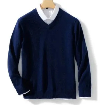 Pánský svetr Pánský svetr s dlouhým rukávem a výstřihem do V Jednobarevný elegantní pletený svetr Vlna a elastická vlákna Podzimní zimní móda tmavě modrá L