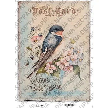 Umělecký papír Rýžový a soft papír na decoupage - Vintage, ptáček, nápisy - KB3394 Materiál: Soft, Rozměr: A4
