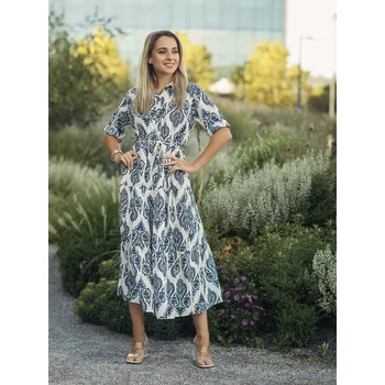 Dámské šaty BudesIN Dlouhé bílé šaty Koorine na knoflíčky s modrým vzorem