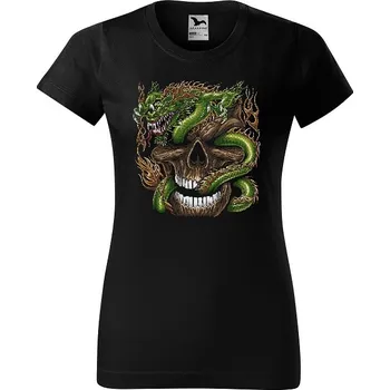 Dámské tričko levne-damske-bavlnene-tricko-potisk-drak-lebka Velikost dámská trička Basic: XXL šířka 59, délka 69, Odstín dámské tričko Basic: Černé