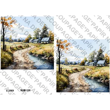 Výtvarný papír Rýžový a soft papír na decoupage - Krajinka, cesta, stavení - KB3369 Materiál: Rýžový papír, Rozměr: A4