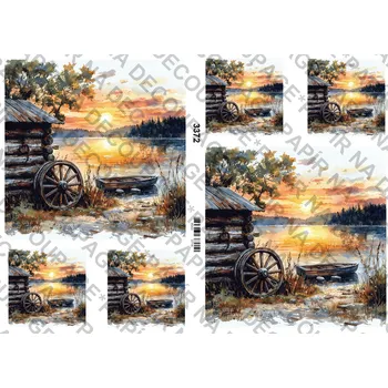 Umělecký papír Rýžový a soft papír na decoupage - Chata, jezero, loďka - KB3372 Materiál: Soft, Rozměr: A4
