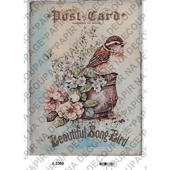 Umělecký papír Rýžový a soft papír na decoupage - Vintage, ptáček, nápisy - KB3380 Materiál: Soft, Rozměr: A4