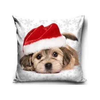 Povlak na dekorativní polštářek CARBOTEX - Dekorační vánoční polštář - roztomilé štěně s červenou čepičkou / 40 x 40 cm