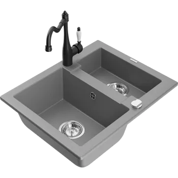Granitový dřez Mexen Carlos žulový dřez s 1,5 komorami s kuchyňskou baterií Carla, šedý - 6518-71-670700-70 Granitové dřezy s baterií