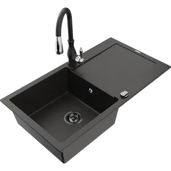 Granitový dřez Mexen Leo granitový dřez s 1 komorou a odkapávačem a kuchyňskou baterií Savita, černý/zlatý metalik - 6501-75-672601-70-B Granitové dřezy s baterií