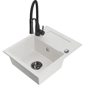 Granitový dřez Mexen Enzo granitový dřez 1-komorový s odkapávačem a kuchyňskou baterií Aster, bílý - 6506-20-73450-70-B Granitové dřezy s baterií