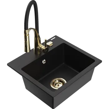 Granitový dřez Mexen Milo granitový dřez 1-komorový s kuchyňskou baterií Aster, černý - 6505-77-73450-57-G Granitové dřezy s baterií