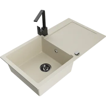 Granitový dřez Mexen Leo granitový dřez 1-komorový s odkapávačem a kuchyňskou baterií Rita, béžový - 6501-69-670300-70 Granitové dřezy s baterií