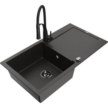 Granitový dřez Mexen Leo granitový dřez 1-komorový s odkapávačem a kuchyňskou baterií Aster, černý/zlatý metalický - 6501-75-73450-70-B Granitové dřezy s baterií