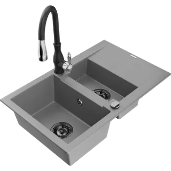 Granitový dřez Mexen Gaspar granitový dřez 1,5-komorový s odkapávačem a kuchyňskou baterií Savita, šedý - 6507-71-672601-70-B Granitové dřezy s baterií