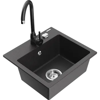 Granitový dřez Mexen Milo granitový dřez 1-komorový s kuchyňskou baterií Telma, černý kropenatý - 6505-76-670200-70 Granitové dřezy s baterií