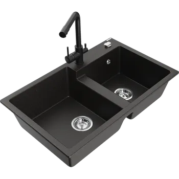 Granitový dřez Mexen Tomas granitový dřez 2-komorový s kuchyňskou baterií Duero, černý/zlatý metalický - 6516-75-671600-70 Granitové dřezy s baterií