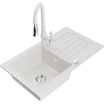 Granitový dřez Mexen Pablo granitový dřez 1-komorový s odkapávačem a kuchyňskou baterií Savita, bílý - 6510-20-672601-20 Granitové dřezy s baterií