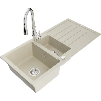 Granitový dřez Mexen Andres dřez granitový 1,5-komorový s odkapávačem a kuchyňskou baterií Savita, béžový - 6515-69-672601-00 Granitové dřezy s baterií
