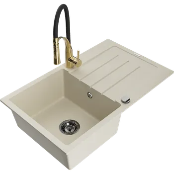 Granitový dřez Mexen Bruno granitový dřez 1-komorový s odkapávačem a kuchyňskou baterií Aster, béžový - 6513-69-73450-57-B Granitové dřezy s baterií