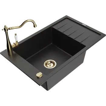 Granitový dřez Mexen Elias granitový dřez 1-komorový s odkapávačem a kuchyňskou baterií Carla, černý/zlatý metalik - 6511-75-670700-50 Granitové dřezy s baterií