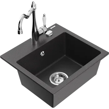 Granitový dřez Mexen Milo granitový dřez 1-komorový s kuchyňskou baterií Carla, černý kropenatý - 6505-76-670700-00 Granitové dřezy s baterií