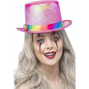 Klobouk KLOBOUK RŮŽOVÝ PERLEŤOVÝ DUHOVÁ STUHA KLAUN CIRKUSÁK