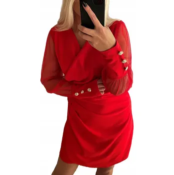 Dámské šaty V404 ČERVENÉ ŠATY DO PŘÍVĚSKU S TYLOVÝM RUKÁVEM vel. 40 (L)