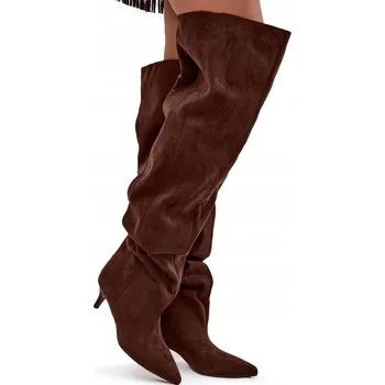 Dámské kozačky Dámské kozačky z eko semiše na nízkém jehlovém podpatku, široké, nazouvací, čokoládové, velikost 37