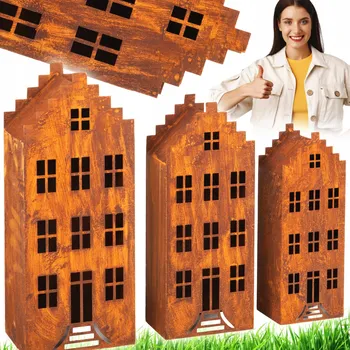 Lucerna LED LAMPION DOMEČEK SVÍČKY LUCERNA SADA 3 KUSŮ CORTEN REZAVÁ