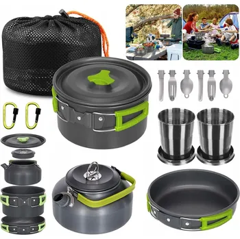 Sada nádobí Turistické nádobí Hrnce Příbory Pánev Hrnky Konvice Velká Sada 15v1