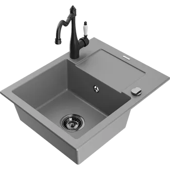 Granitový dřez Mexen Enzo granitový kuchyňský dřez s 1 komorou s odkapávačem a kuchyňskou baterií Carla, šedý - 6506-71-670700-70-B Granitové dřezy s baterií