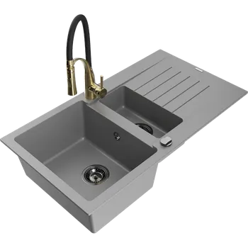 Granitový dřez Mexen Matias granitový dřez 1,5-komorový s odkapávačem a kuchyňskou baterií Aster, šedý - 6502-71-73450-57-B Granitové dřezy s baterií