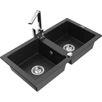 Granitový dřez Mexen Mario granitový dřez 2-komorový s kuchyňskou baterií Rita, černý/stříbrný metalik - 6504-73-670300-00 Granitové dřezy s baterií