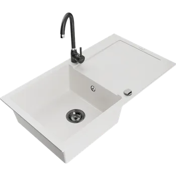 Granitový dřez Mexen Leo jednokomorový žulový dřez s odkapávačem a kuchyňskou baterií Telma, bílý - 6501-20-670200-70 Granitové dřezy s baterií