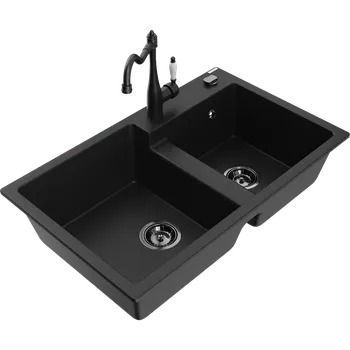 Granitový dřez Mexen Tomas dřez žulový 2-komorový s kuchyňskou baterií Carla, černý - 6516-77-670700-70-B Granitové dřezy s baterií