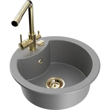 Granitový dřez Mexen Diego granitový dřez 1-komorový s kuchyňskou baterií Duero, šedý - 6512-71-671600-50 Granitové dřezy s baterií