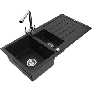 Granitový dřez Mexen Andres granitový dřez 1,5-komorový s odkapávačem a kuchyňskou baterií Duero, černý - 6515-77-671600-00 Granitové dřezy s baterií