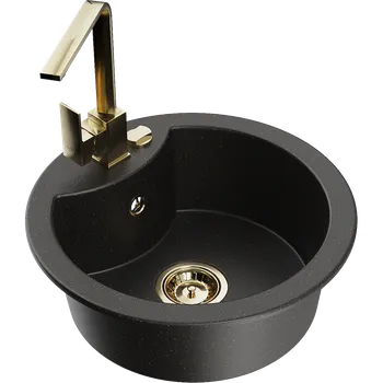 Granitový dřez Mexen Diego granitový dřez 1-komorový s kuchyňskou baterií Rita, černý/zlatý metalik - 6512-75-670300-50 Granitové dřezy s baterií