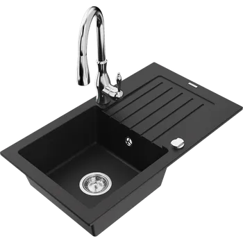Granitový dřez Mexen Pablo žulový dřez s jednou komorou a odkapávačem a kuchyňskou baterií Savita, černý - 6510-77-672601-00 Granitové dřezy s baterií
