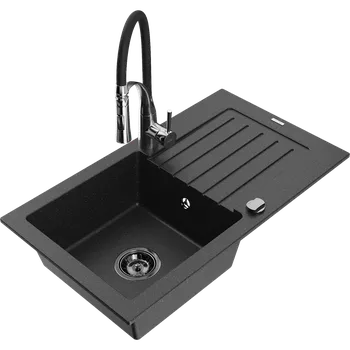 Granitový dřez Mexen Pablo granitový dřez s 1 komorou, odkapávačem a kuchyňskou baterií Aster, černý/stříbrný metalik - 6510-73-73450-07-B Granitové dřezy s baterií