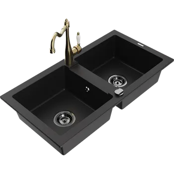 Granitový dřez Mexen Mario granitový dřez s 2 komorami a kuchyňskou baterií Carla, černý - 6504-77-670700-50-B Granitové dřezy s baterií