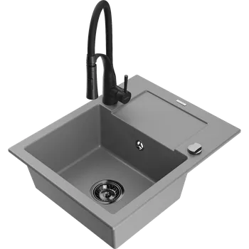 Granitový dřez Mexen Enzo granitový dřez s 1 komorou s odkapávačem a kuchyňskou baterií Aster, šedý - 6506-71-73450-70-B Granitové dřezy s baterií
