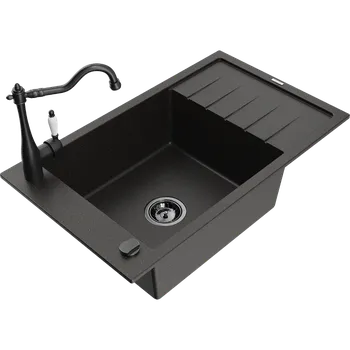 Mexen Elias žulový dřez 1-komorový s odkapávačem a kuchyňskou baterií Carla, černý/zlatý metalik - 6511-75-670700-70-B Granitové dřezy s baterií