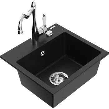 Granitový dřez Mexen Milo dřez granitový 1-komorový s kuchyňskou baterií Carla, černý - 6505-77-670700-00 Granitové dřezy s baterií