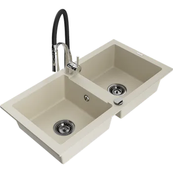 Granitový dřez Mexen Mario granitový dřez 2-komorový s kuchyňskou baterií Aster, béžový - 6504-69-73450-07-B Granitové dřezy s baterií
