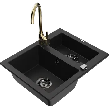 Granitový dřez Mexen Carlos granitový dřez 1,5komorový s kuchyňskou baterií Telma, černý - 6518-77-670200-50-B Granitové dřezy s baterií